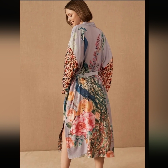 1 DAY SALE! Silky Soft Peacock Floral Kimono Cover-Up Open Robe Duster Wrap Pink - Picture 4 of 10